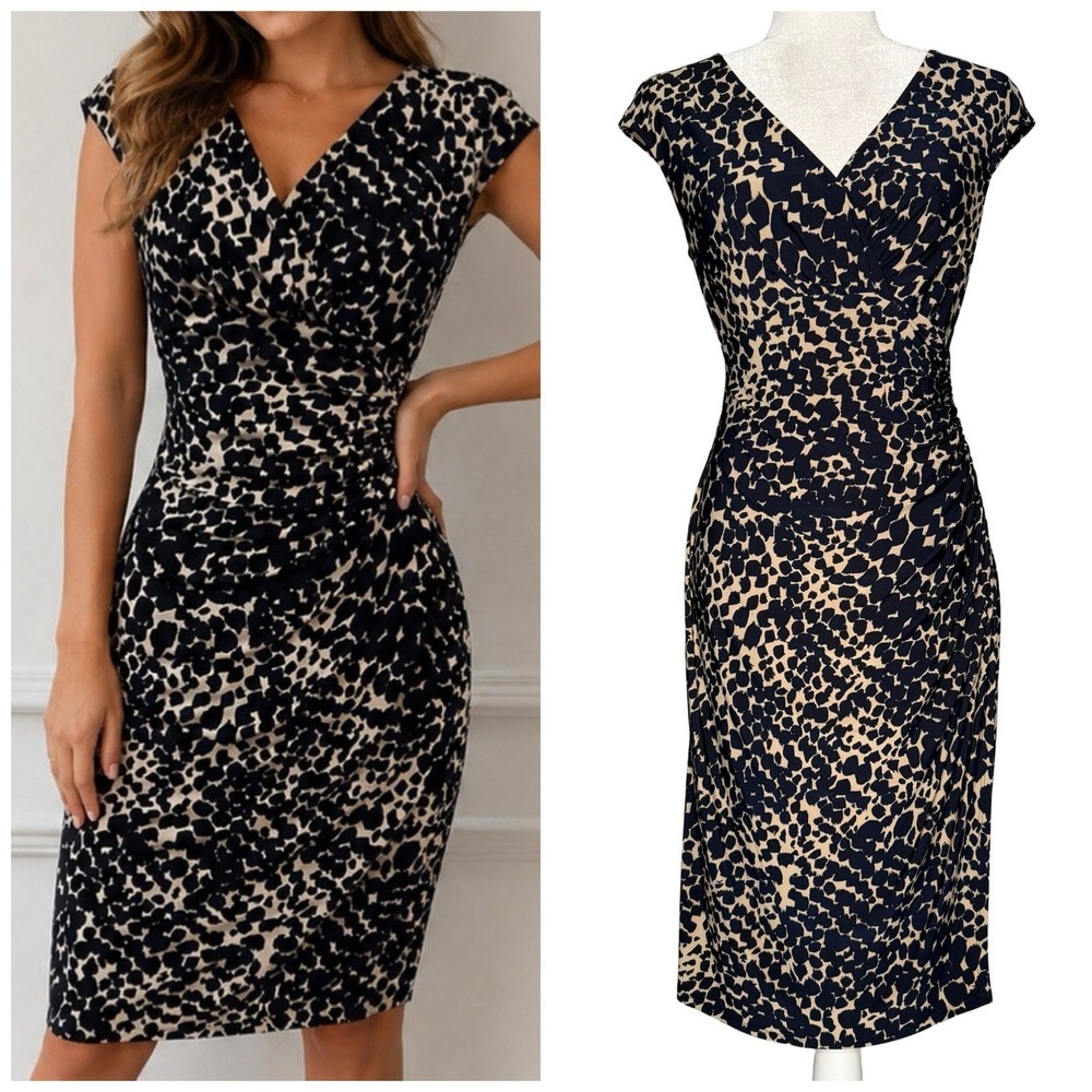 LRL Ralph Lauren Faux Wrap Dress 12 Stretch Ruched Sheath Spotted Animal‎ Print
